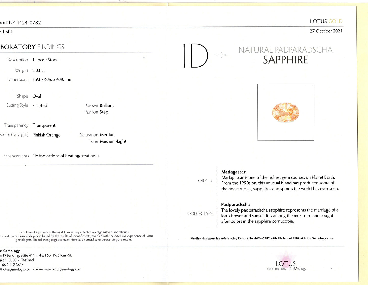 2.03ct pinkish orange padparadscha lab report