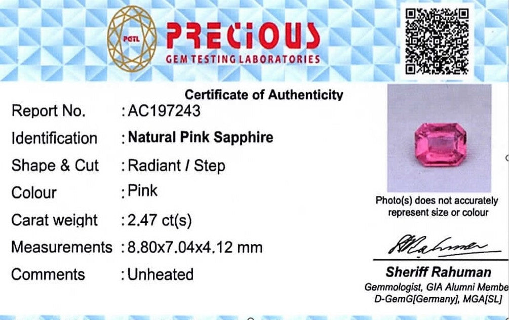 2.47ct pink sapphire loose gemstone with lab report no heat