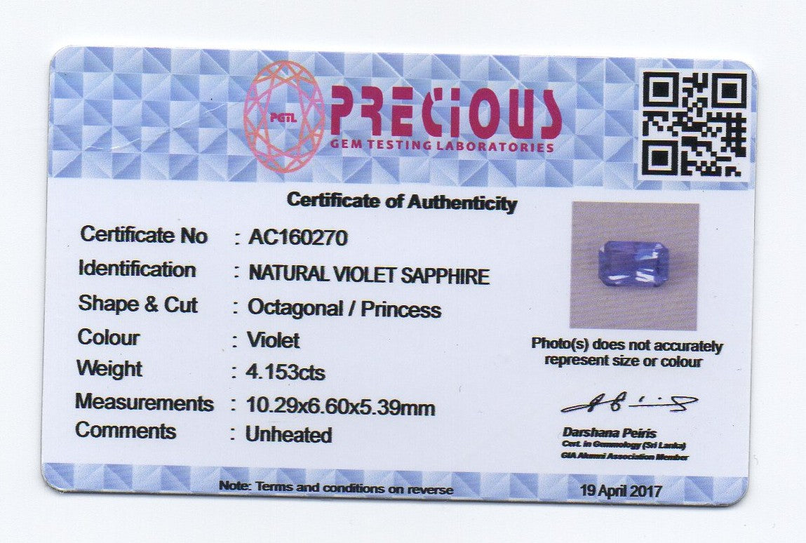4.15ct Radiant Cut Purple Sapphire