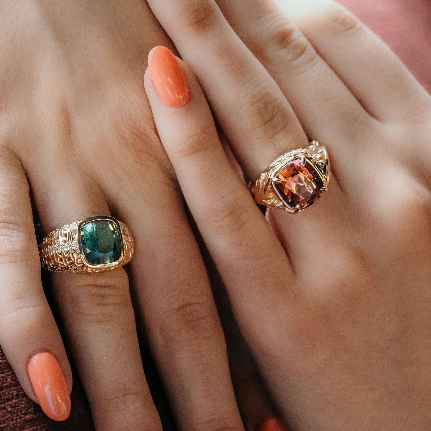 Yellow gold gemstone statement rings with floral art deco patterns