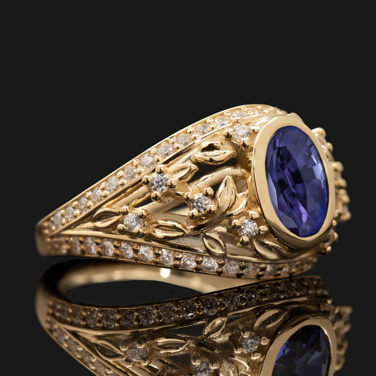 Floral wedding band with oval cut sapphire