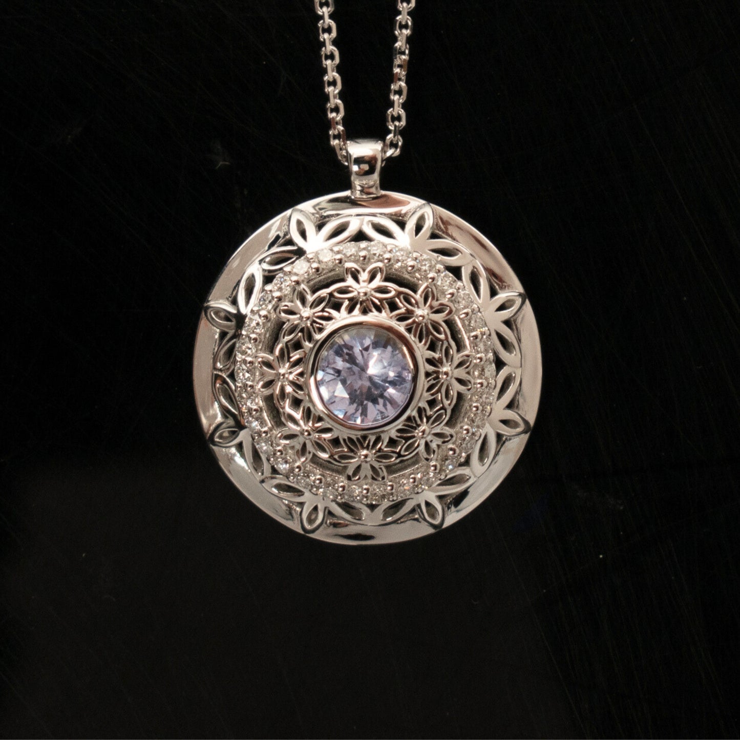 white sapphire floral detailing and diamonds medallion on adjustable chain