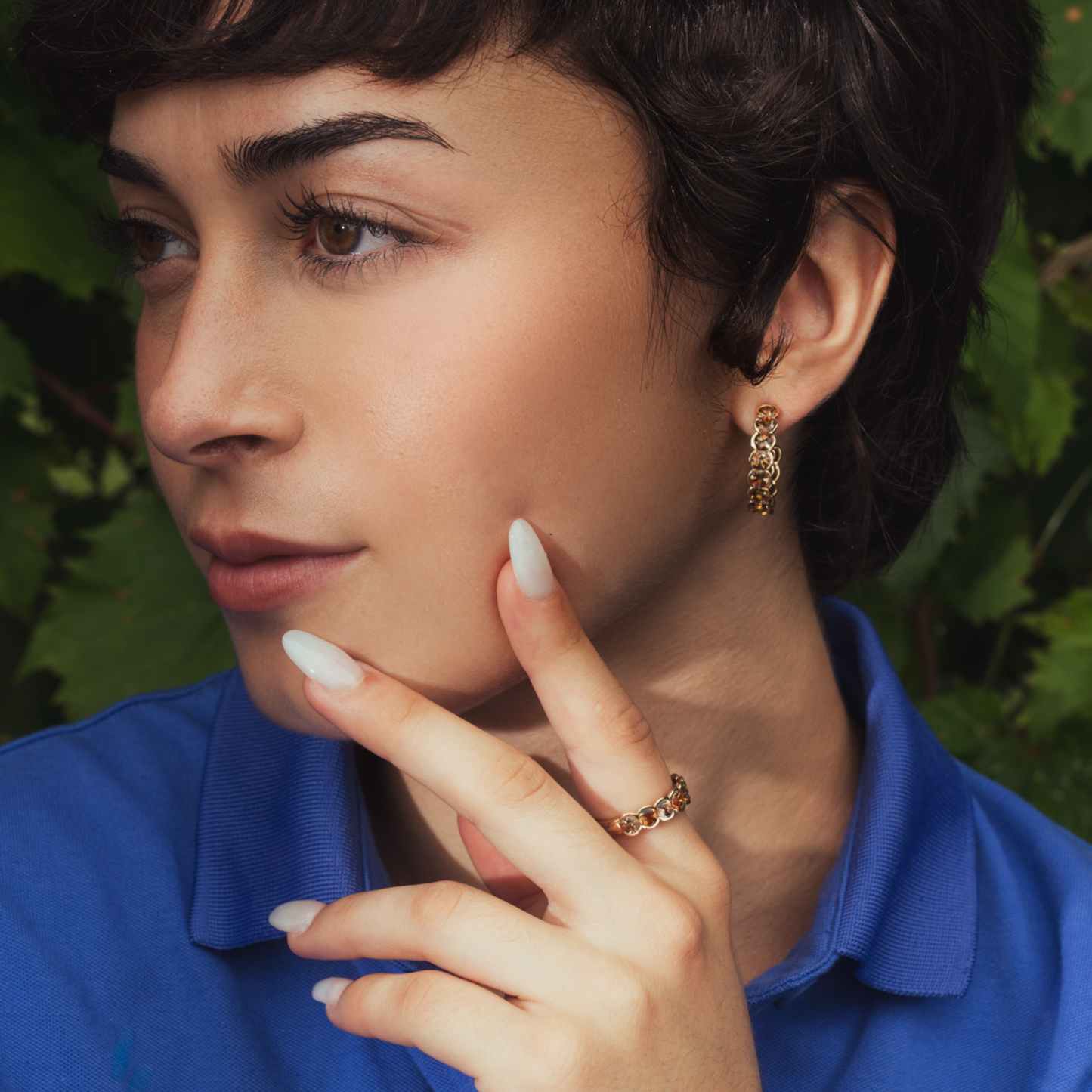 eternity hoop earrings with andalusite matching gemstone ring