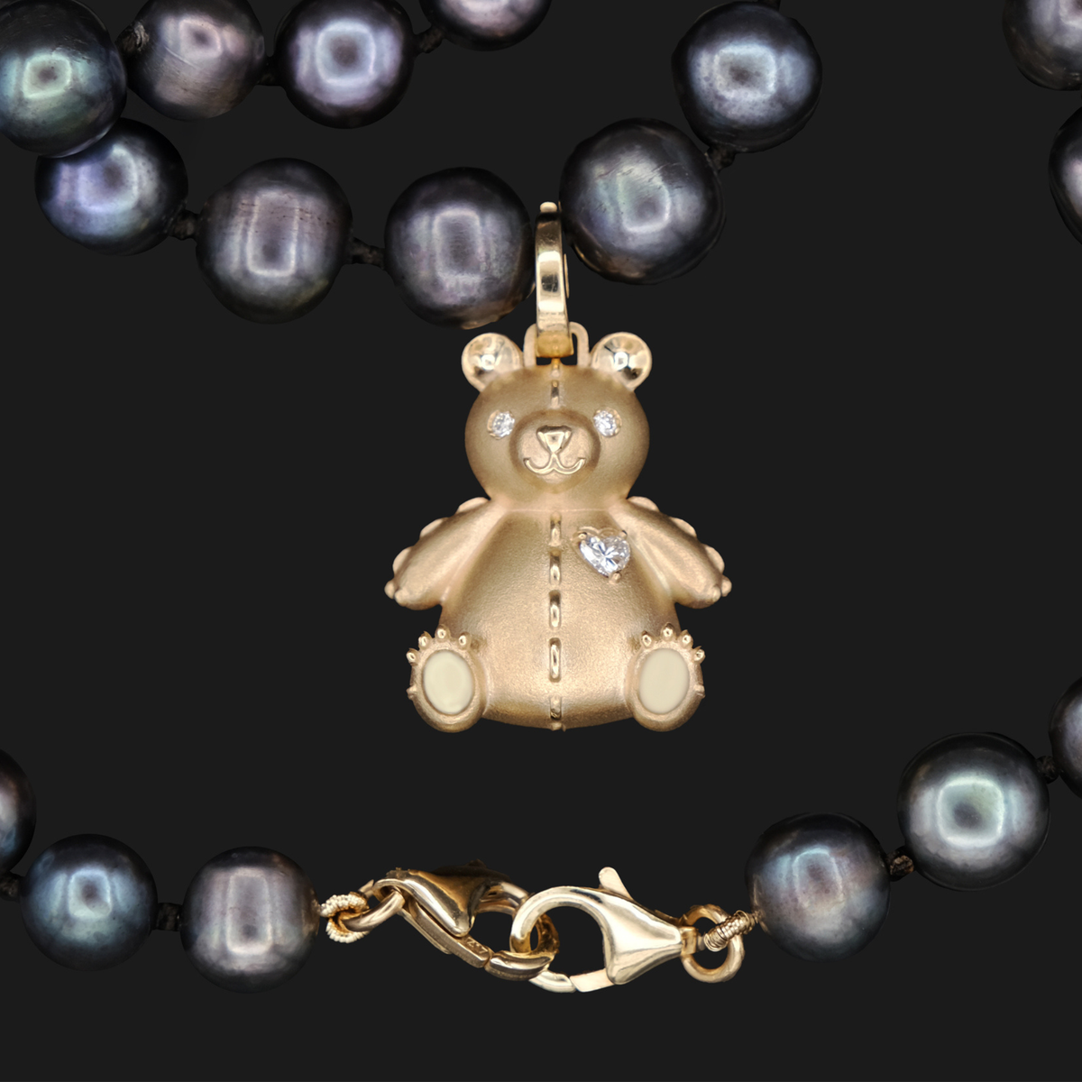 teddy bear gold charm with diamond heart, sandblasted