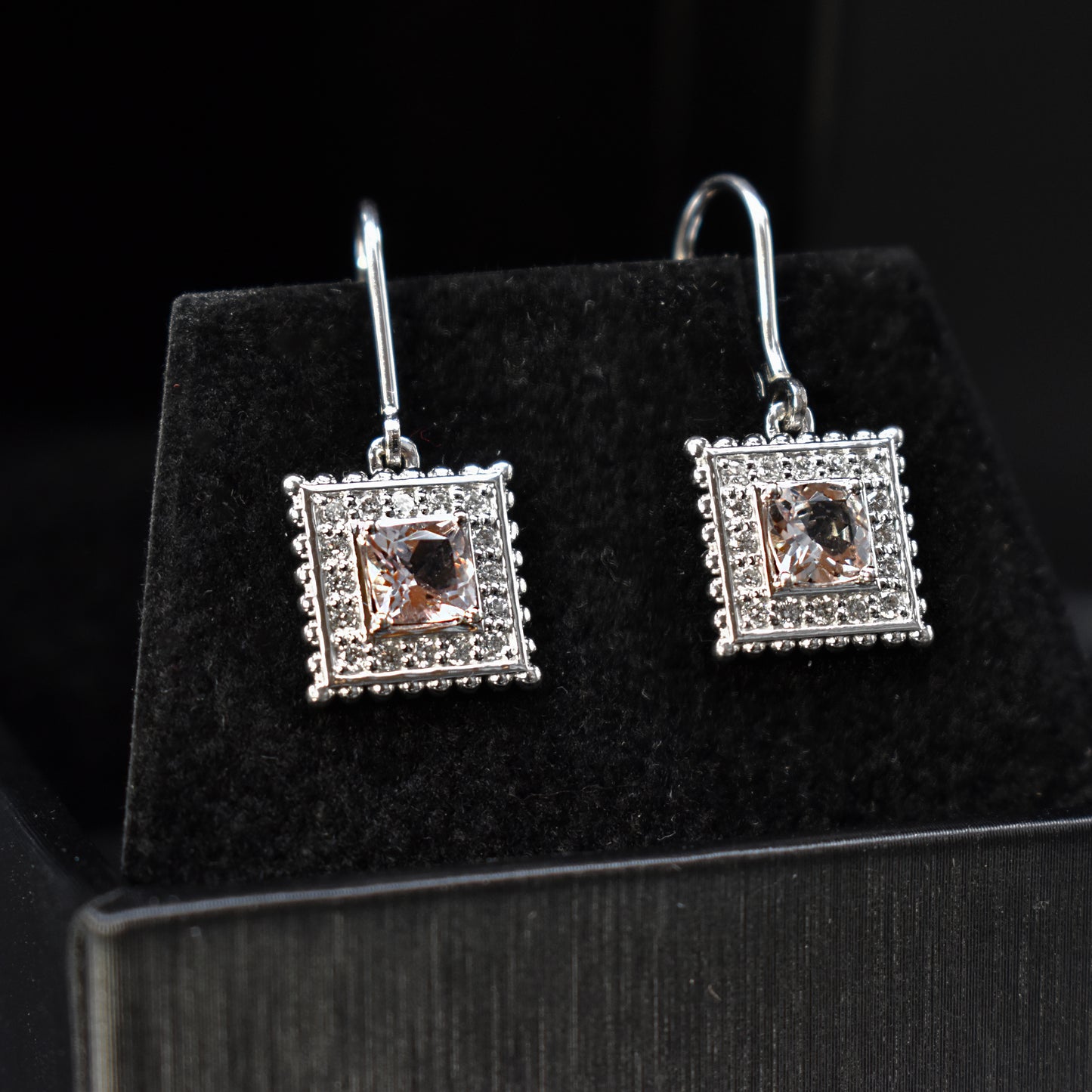 diamond earrings drop design with morganite cushions