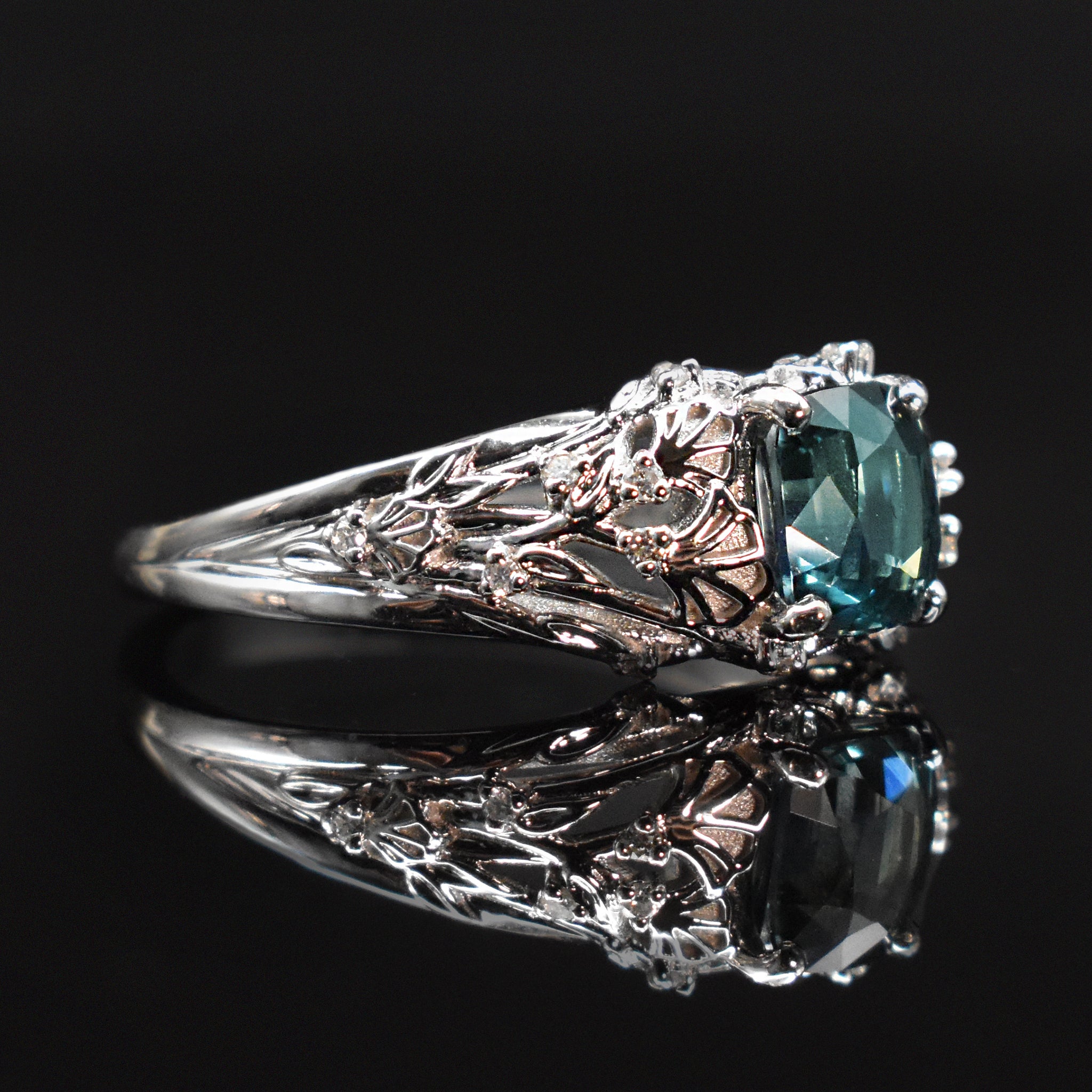 floral teal sapphire ring custom ring 