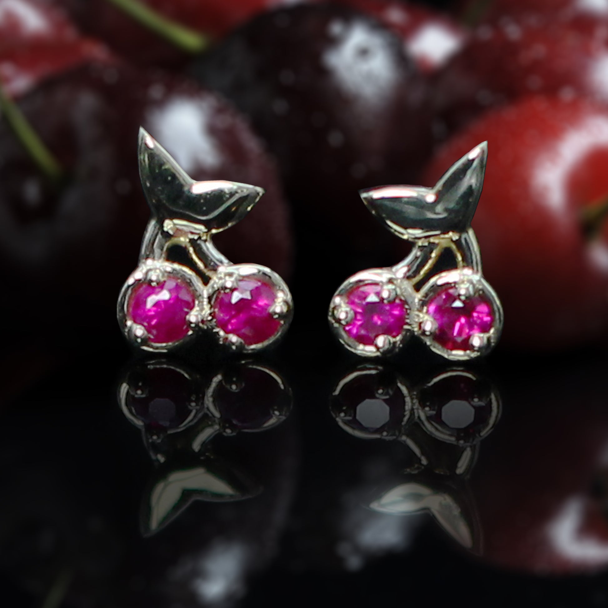 cherry earrings rubies fruits 14k gold pink