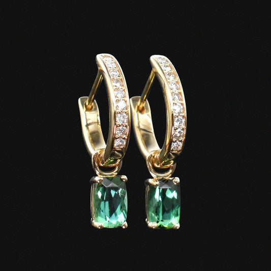 diamond green tourmaline gold huggies earrings