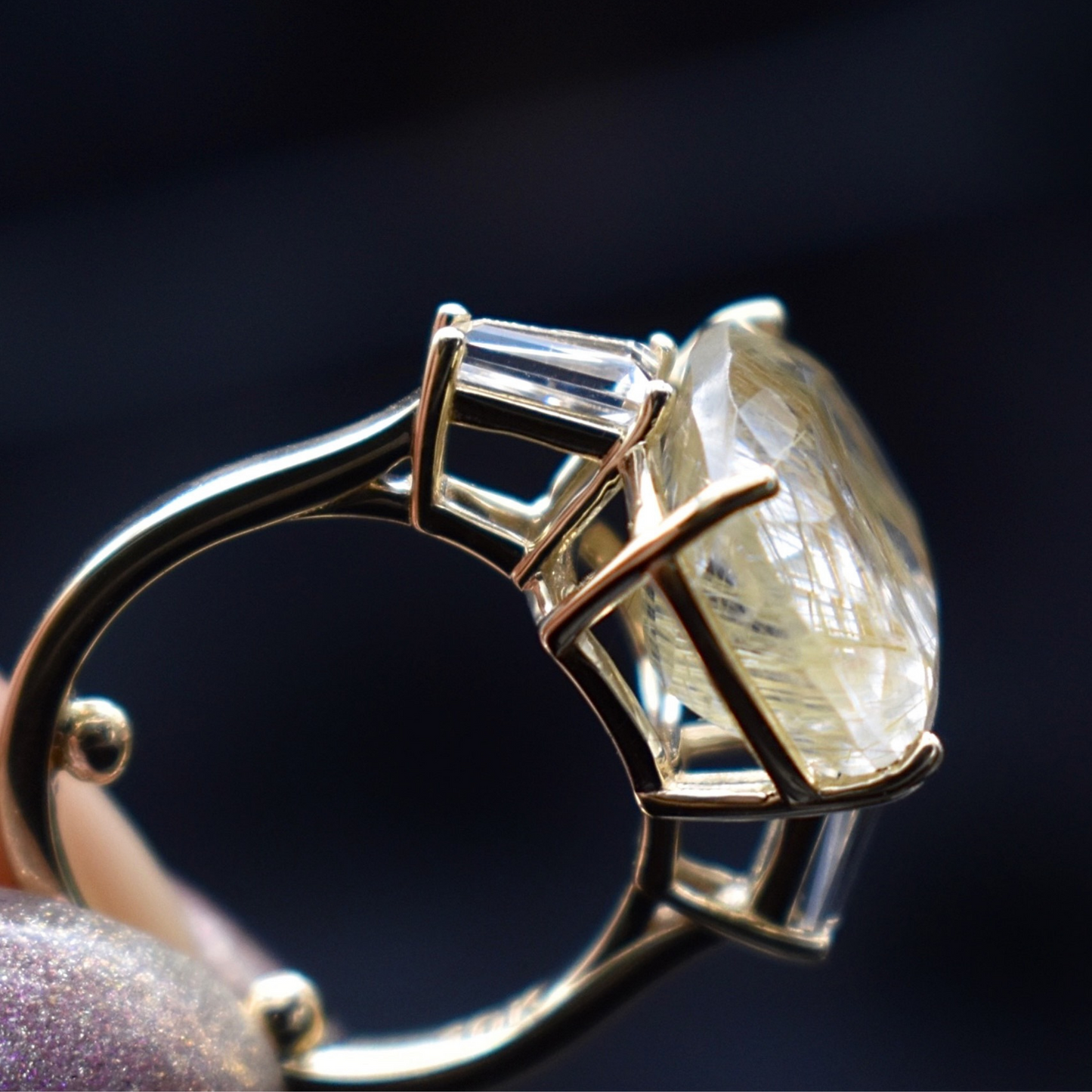 rutilated quartz ring cushion cut yellow gold