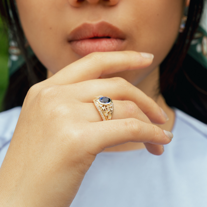 floral engagement ring art deco style signet with blue sapphire