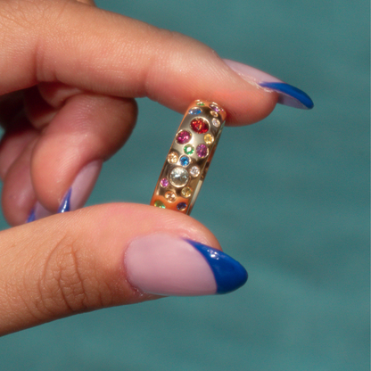 dome 14k gold ring with rainbow gemstones 