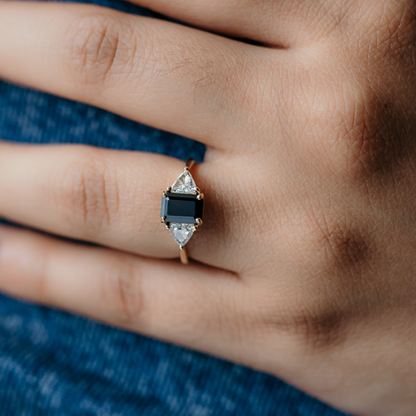 emerald cut black sapphire ring with diamonds