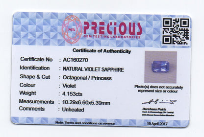4.15ct Radiant Cut Purple Sapphire