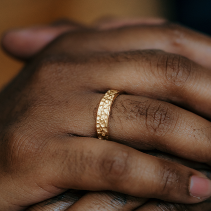 yellow gold mens ring with hammered texture
