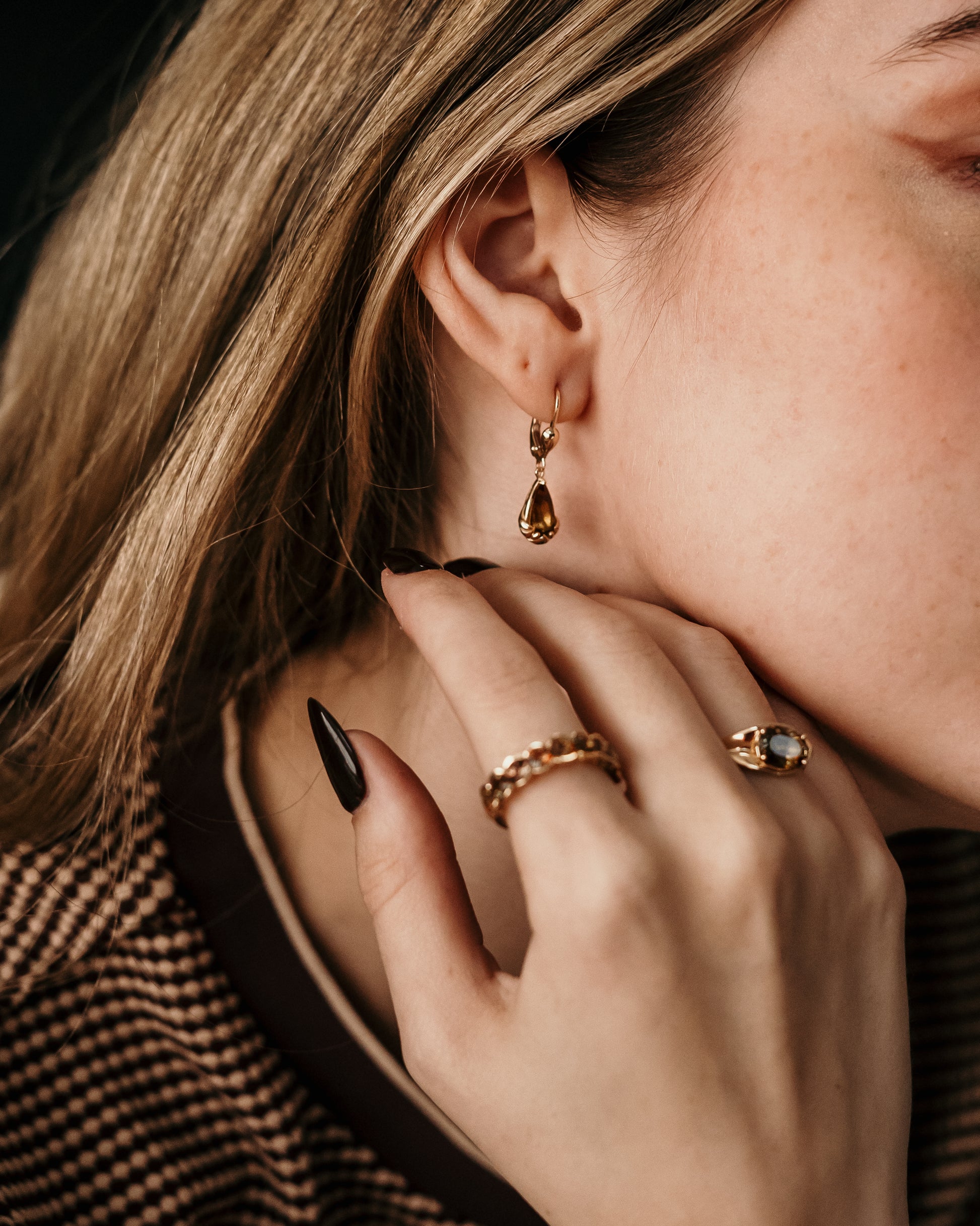 andalusite petal earring with gold andalusite ring