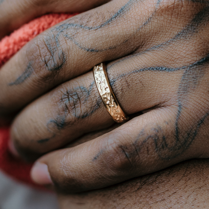 textured mens rings with beveled edge in gold
