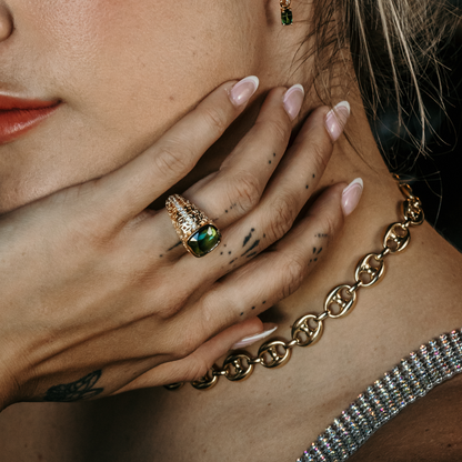 Cushion cut tourmaline and diamond ring inspired by art deco style