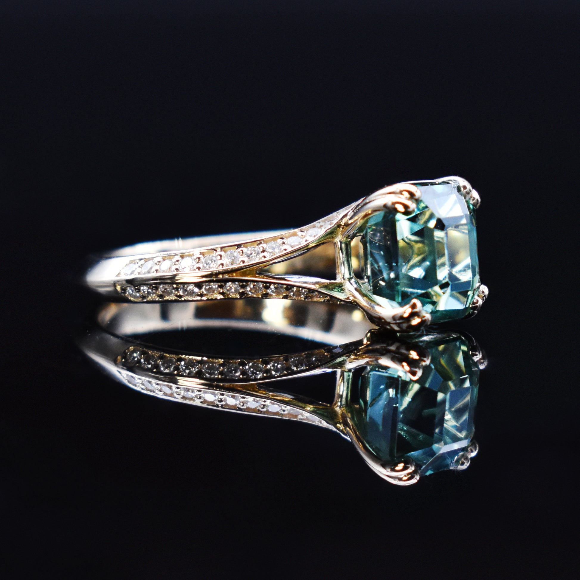 mint tourmaline ring with diamond split shank