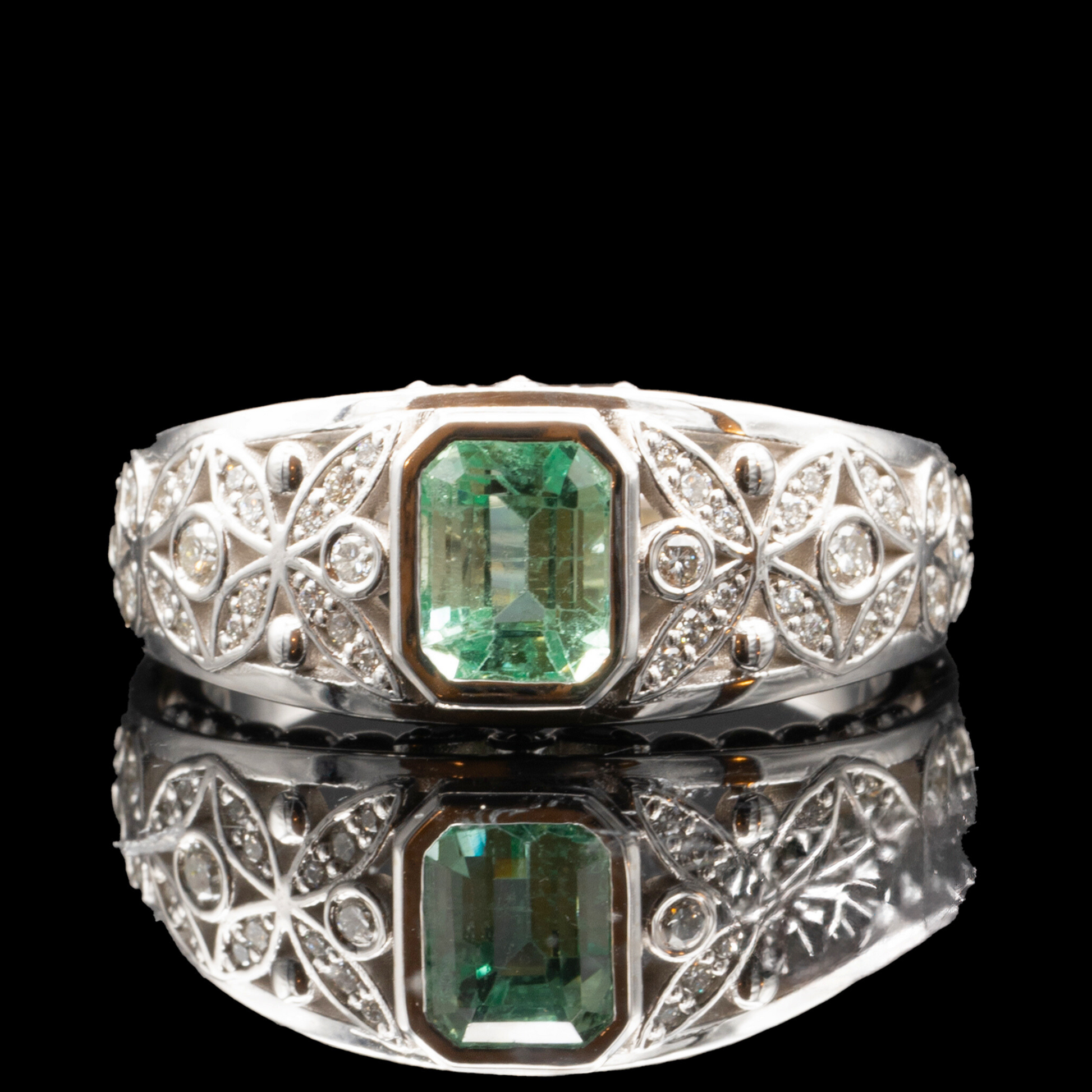 diamond and emerald floral wedding band
