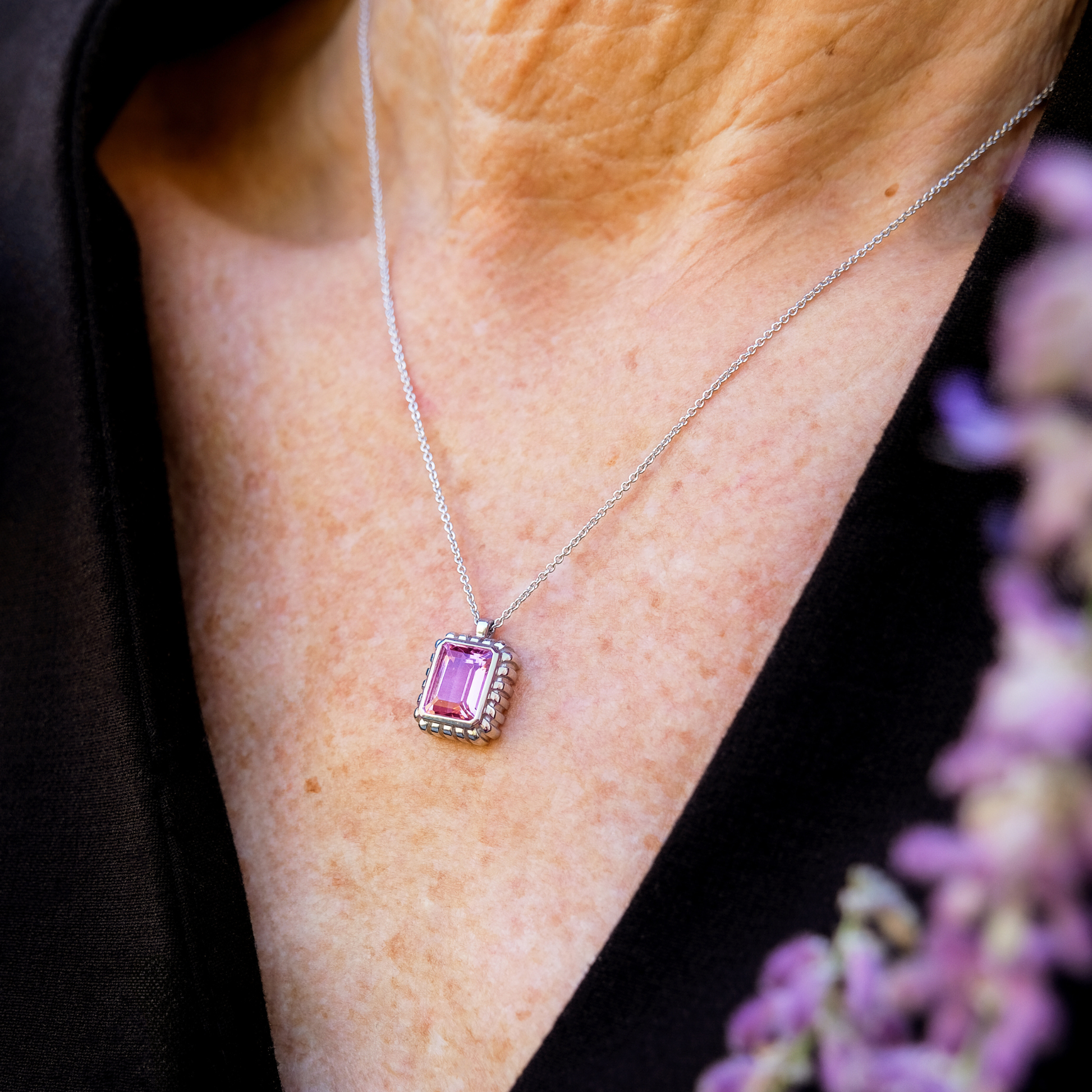 emerald cut modern necklace with geometric pattern, gemstones
