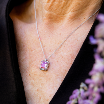 emerald cut modern necklace with geometric pattern, gemstones

