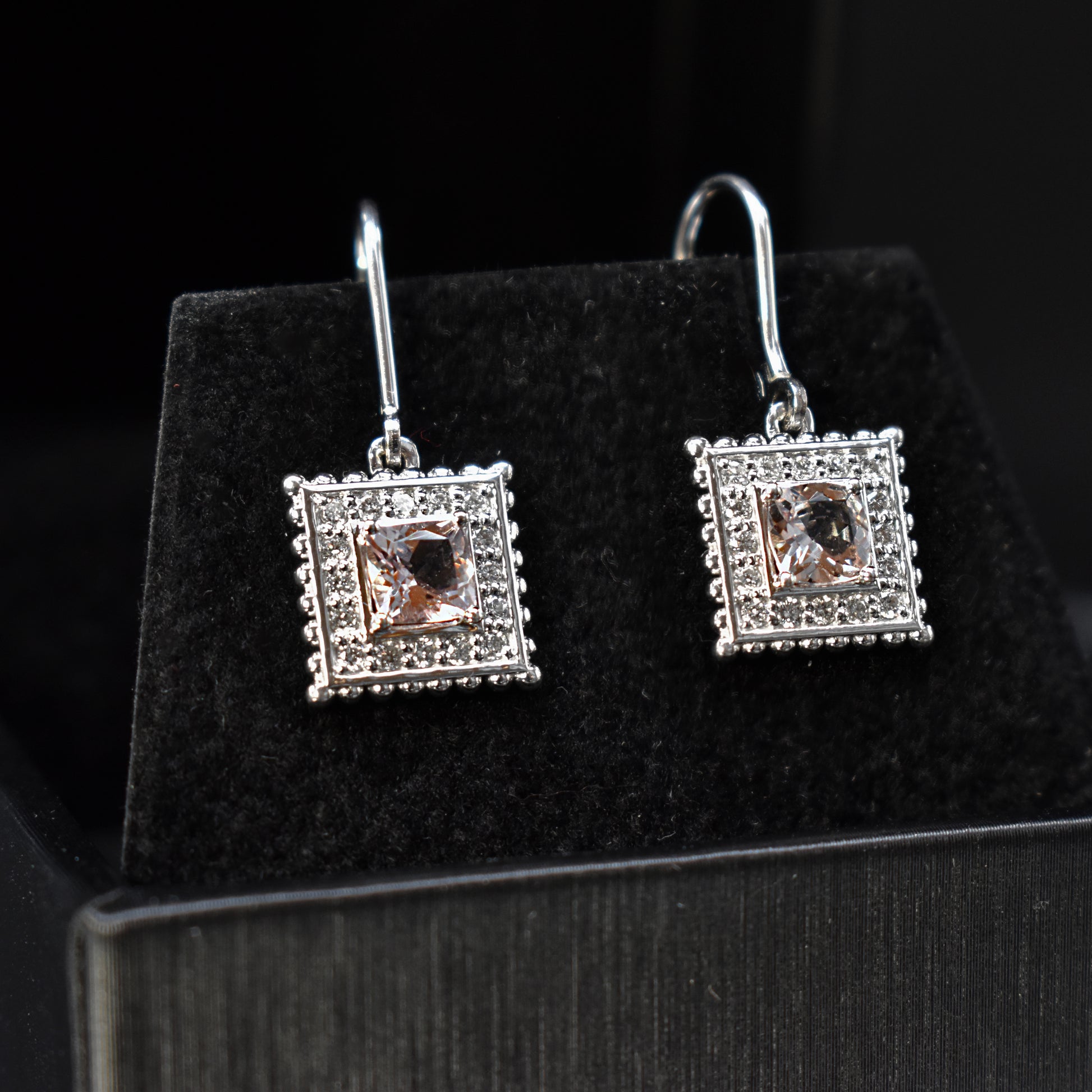 diamond earrings drop design with morganite cushions