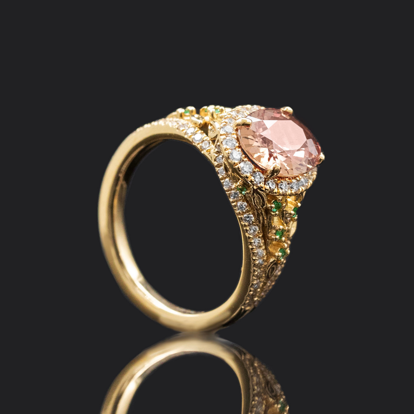 Padparadscha sapphire engagement ring with florals
