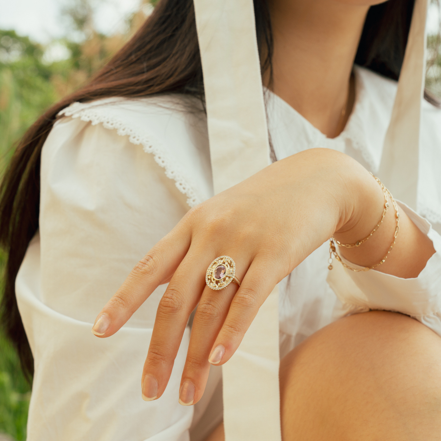 14k gold art deco pink sapphire ring 