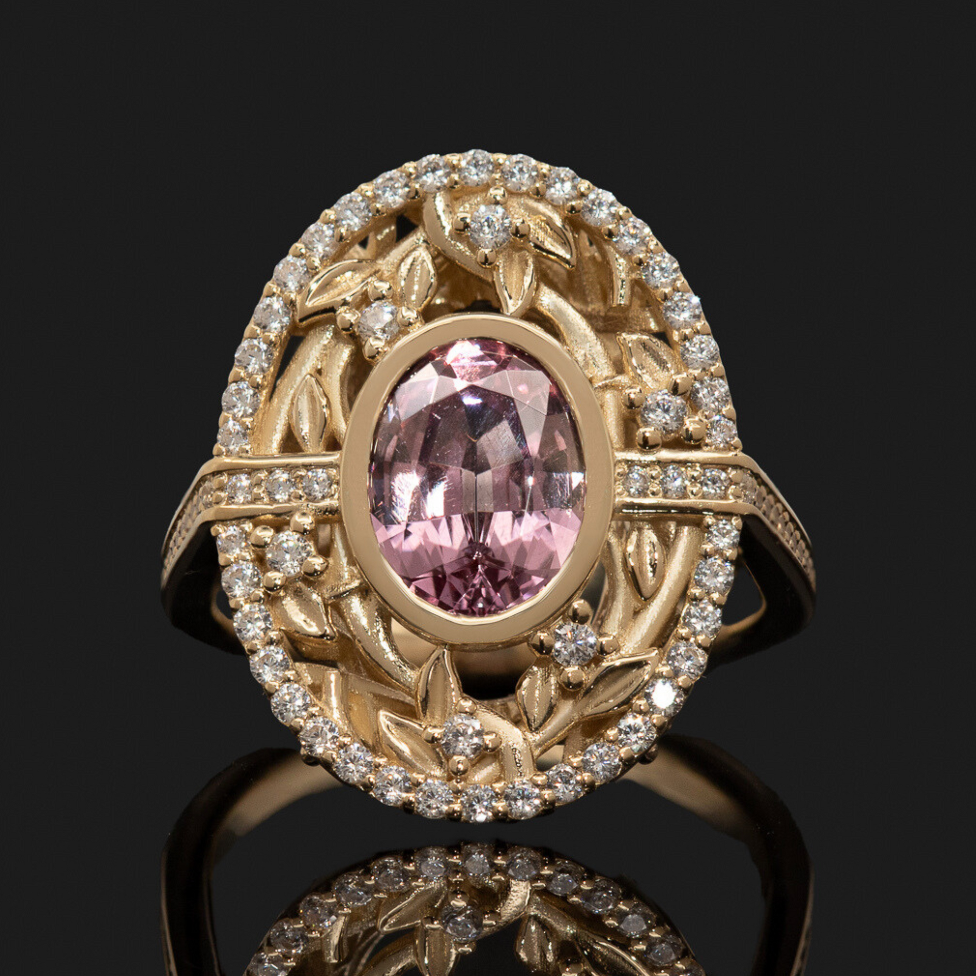 Art deco pink sapphire shield ring in gold
