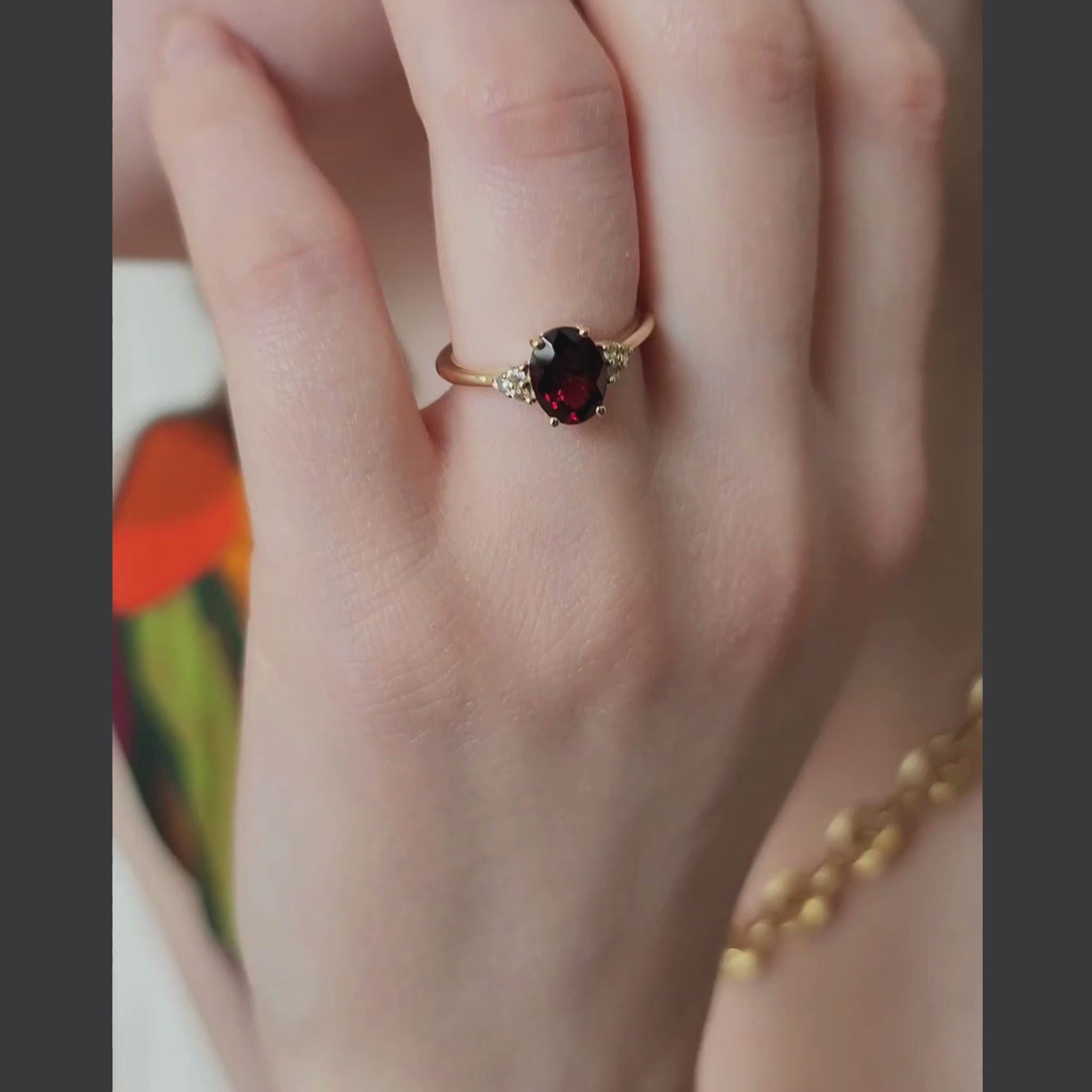 ashes ring garnet and white sapphire 14k gold