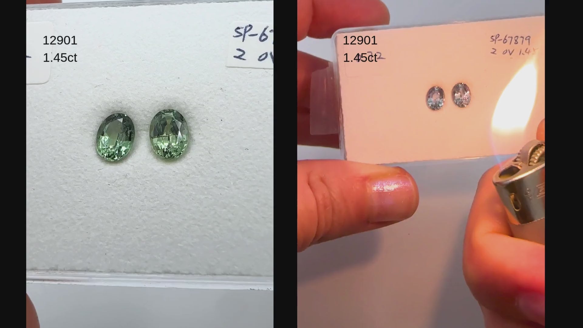 Pair of oval cut alexandrite gemstones medium color change