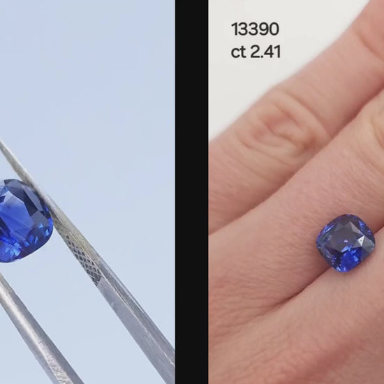 2 carat plus cushion cut sapphire high quality on hand and in tweezers 