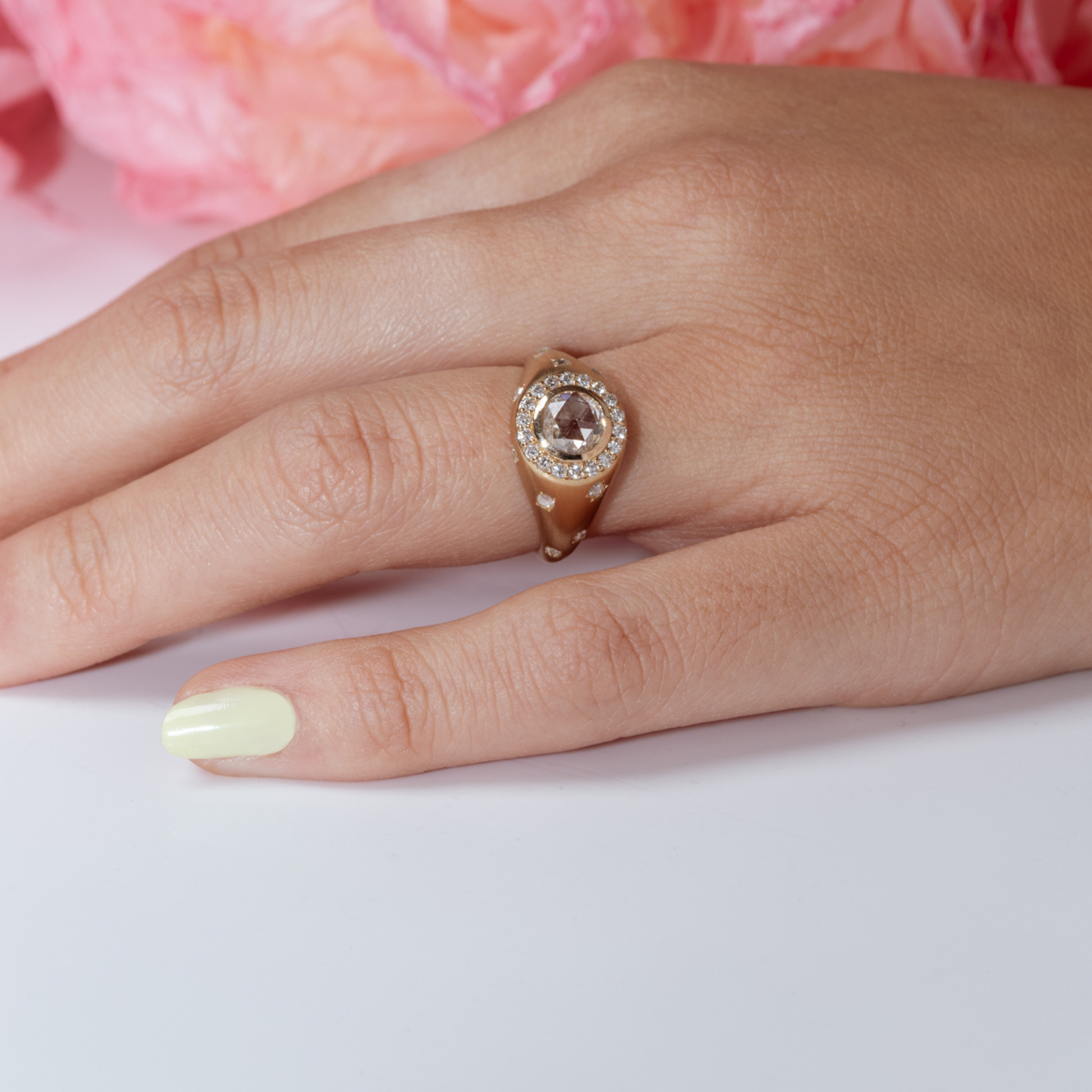 rose cut diamond ring with satin finish and diamond stars along shank