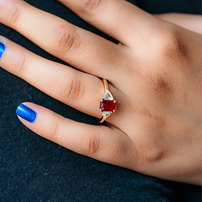 3 stone diamond and ruby engagement ring