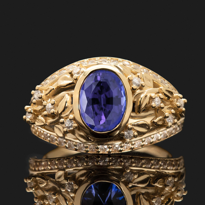 sapphire engagement ring with floral band art deco style