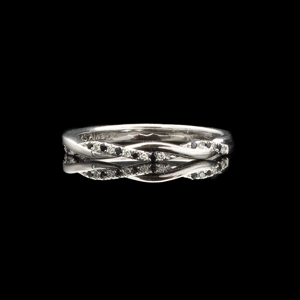 white gold twisted wedding band with black sapphire and diamond