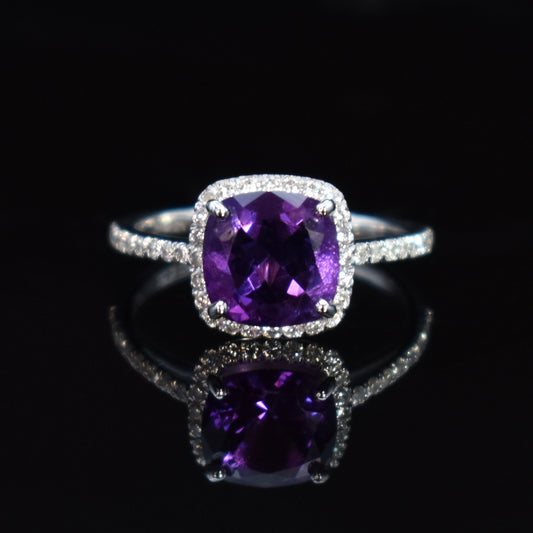 Amethyst and diamond halo ring ashes jewelry