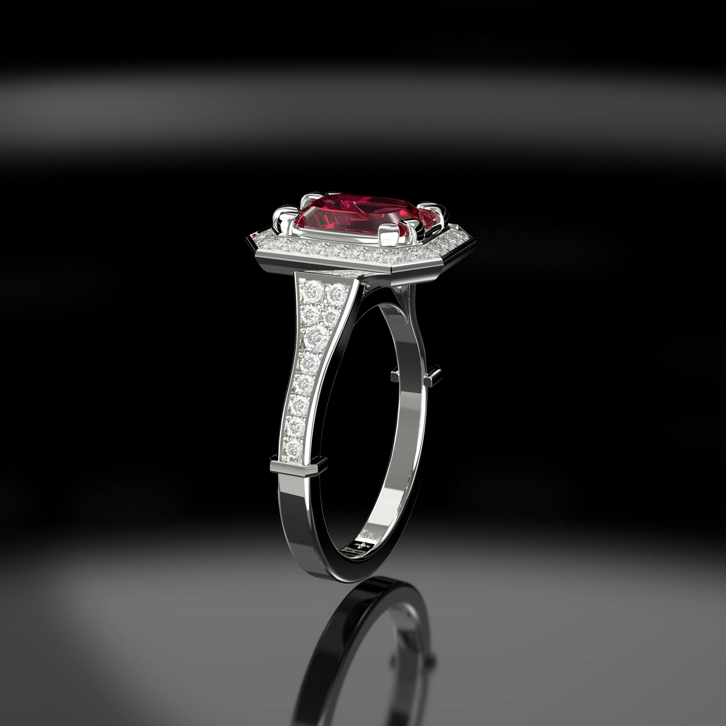 emerald cut pink sapphire engagement ring with diamond halo