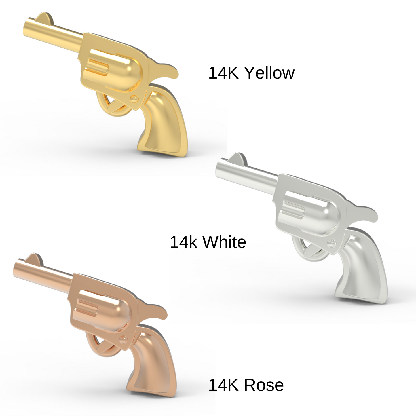 pistol stud earrings in 14k yellow, white and rose gold