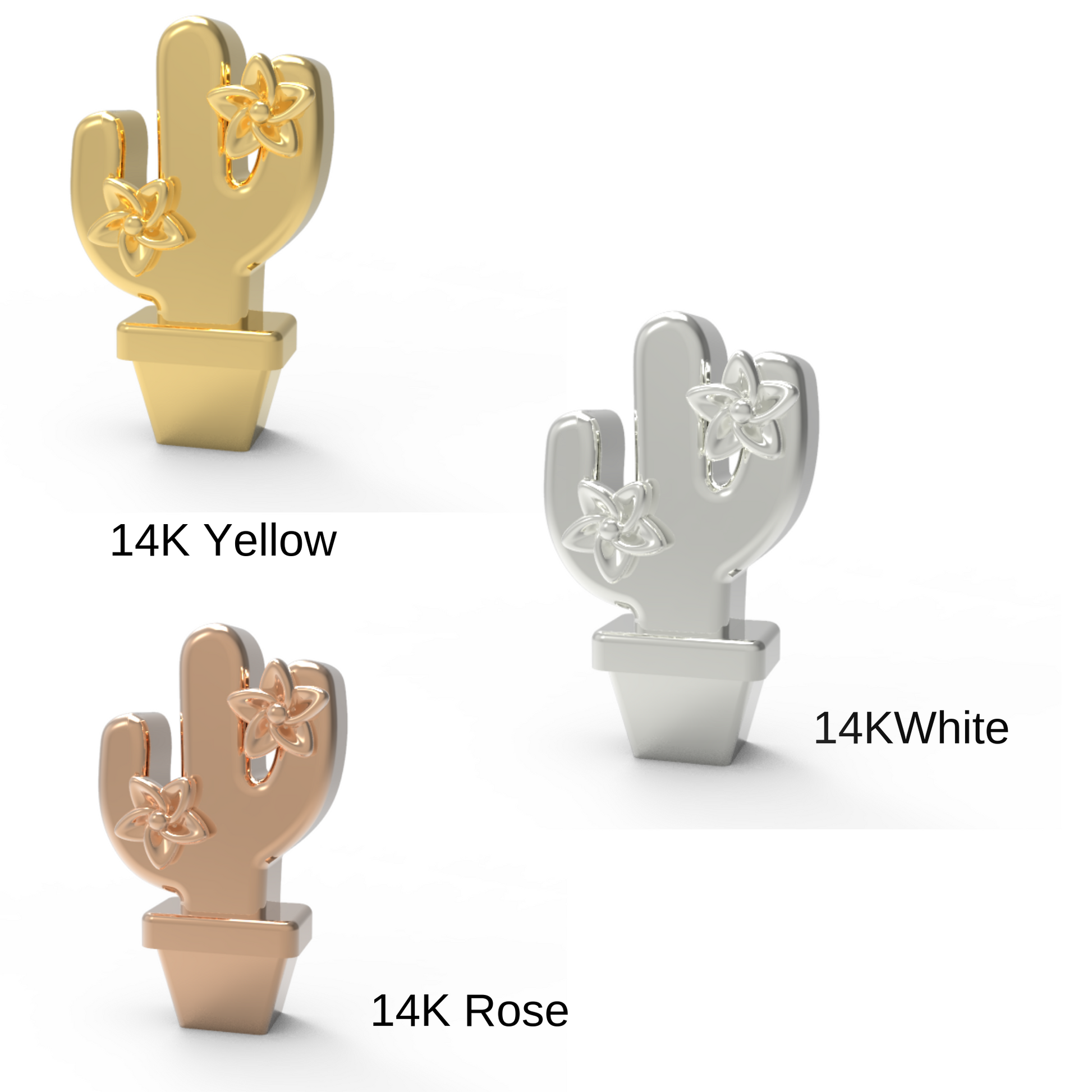 Gold cactus stud earrings in yellow, white and rose gold 14K