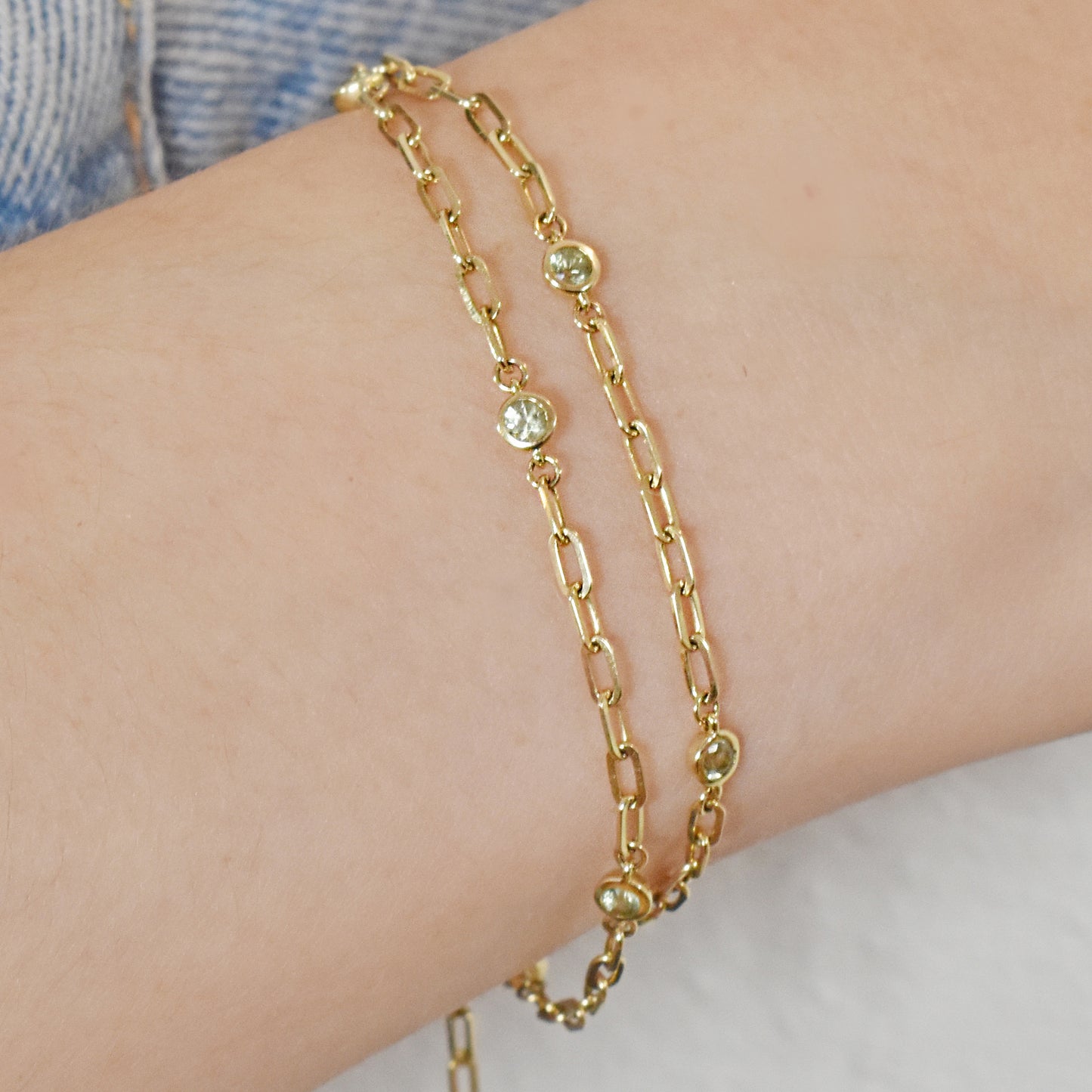 custom sapphire bezel gold bracelet paperclip