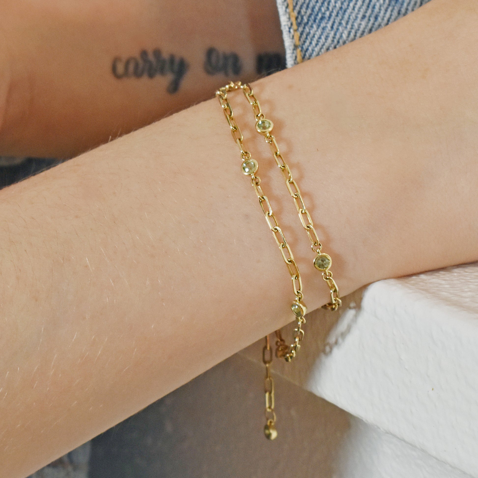 custom paperclip chain sapphire gold bezel bracelet