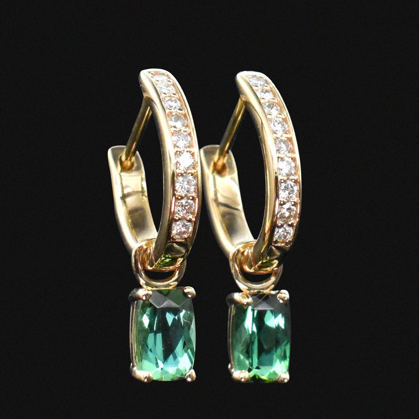 diamond green tourmaline gold huggies earrings