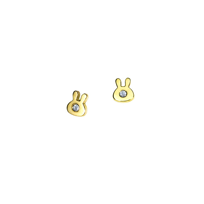 Small rabbit earrings in yellow gold with diamond noses.