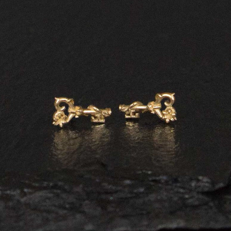 floral key stud earrings in yellow gold