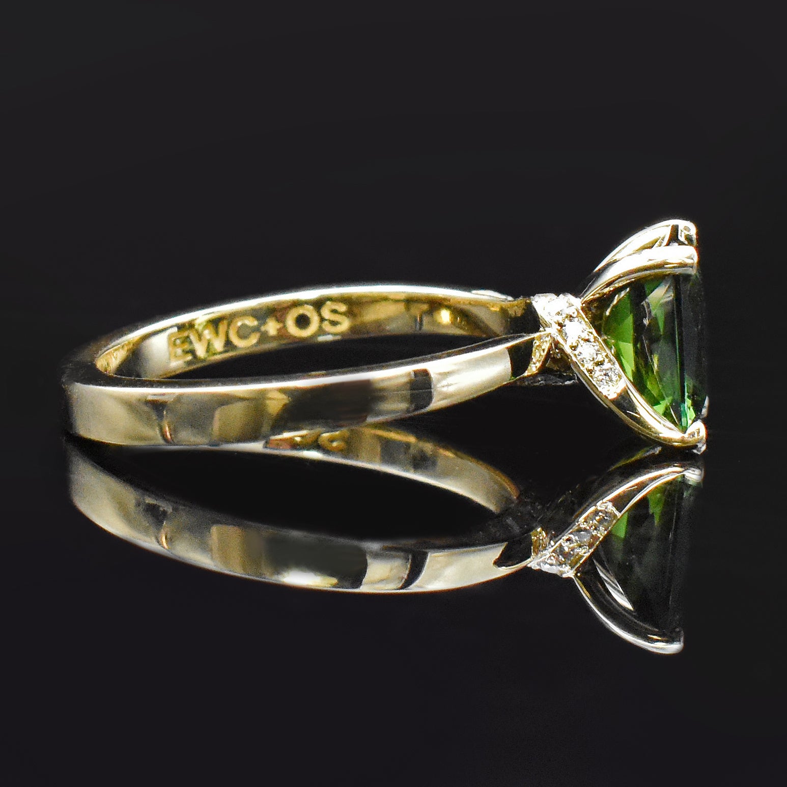 tourmaline green jewelry engagement ring yellow gold emerald cut twisted shank diamonds