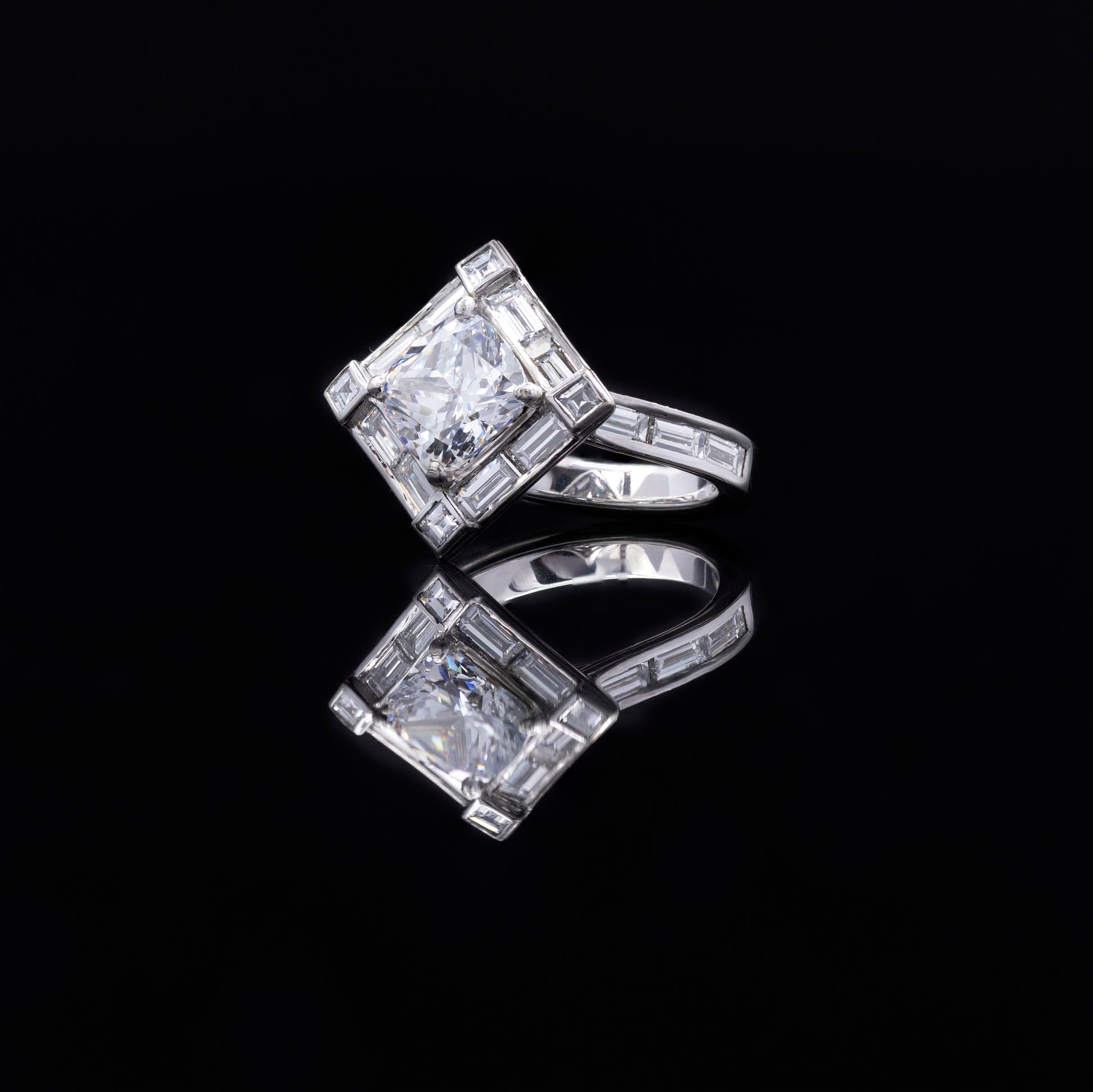 diamond baguette halo engagement ring