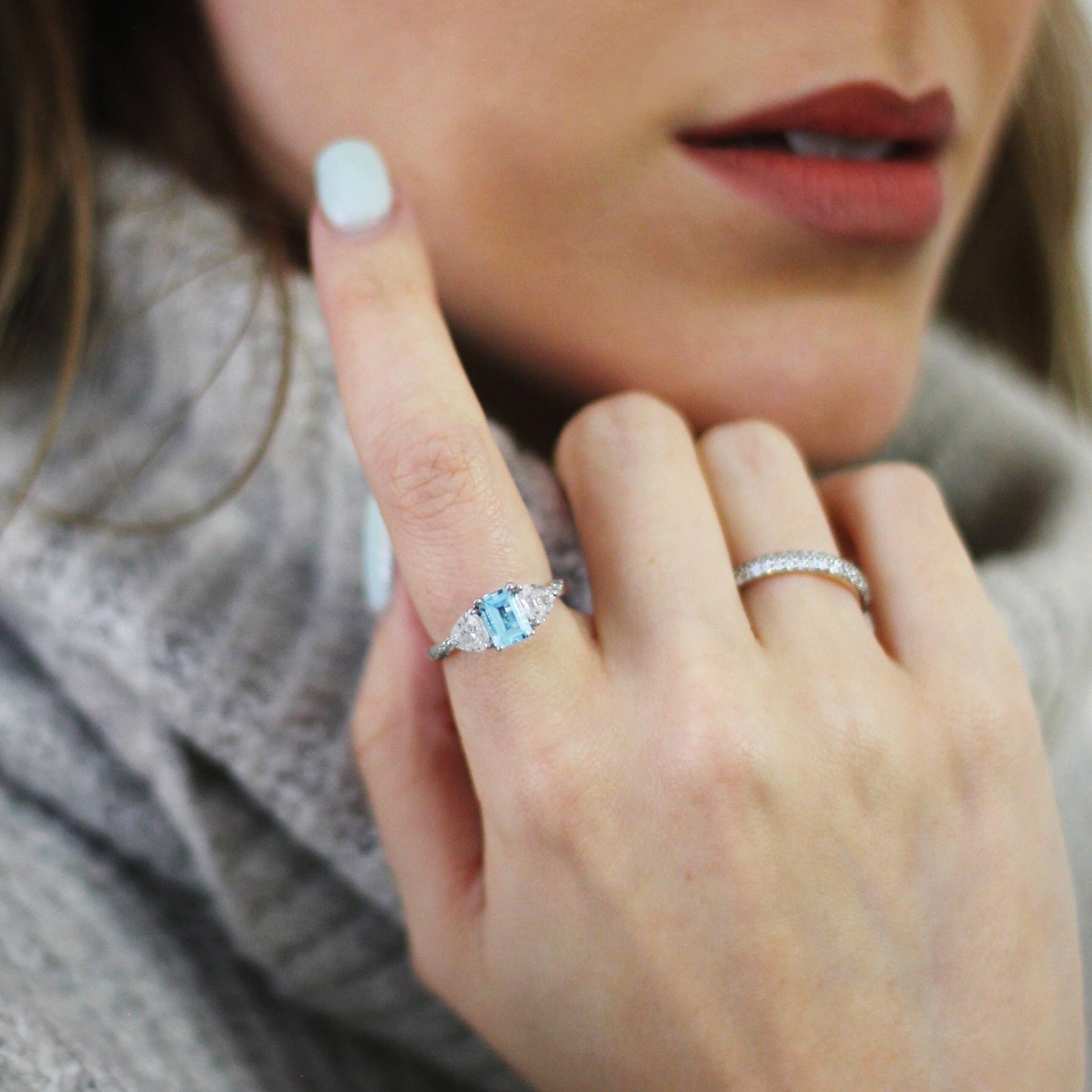 aquamarine blue three stone trillion cut engagement ring