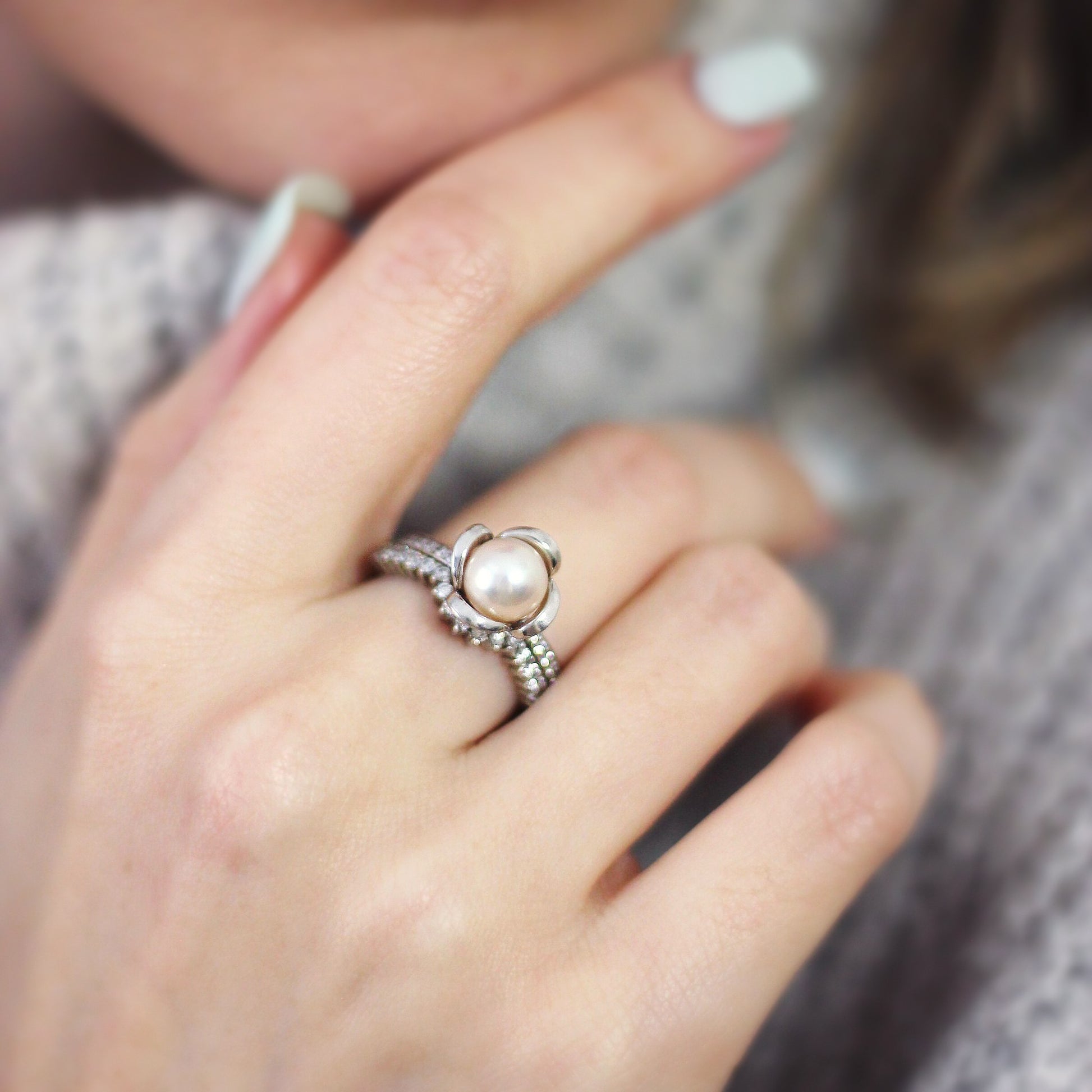 Cream pearl engagement ring white gold