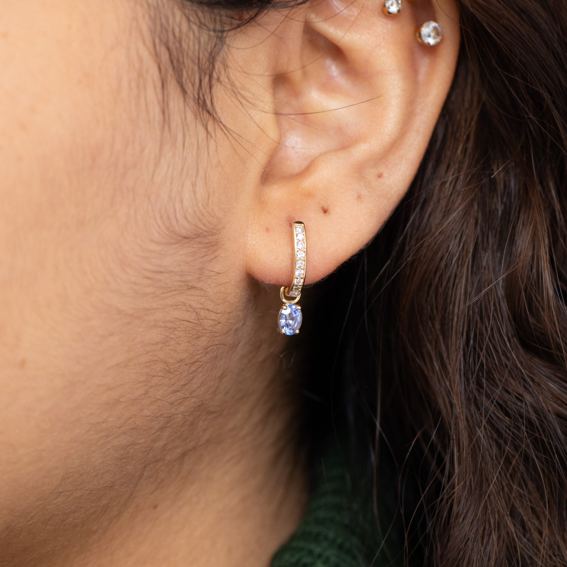 sapphire and diamond charm earrings on baby hoops